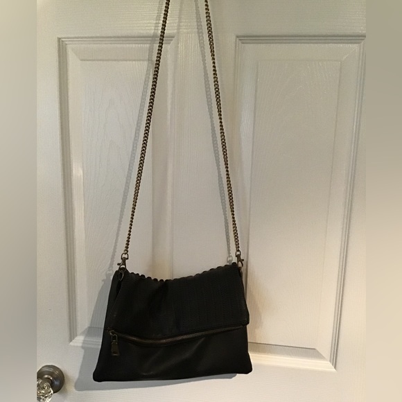 Black leather folded purse with brass colored chain. - Picture 2 of 8